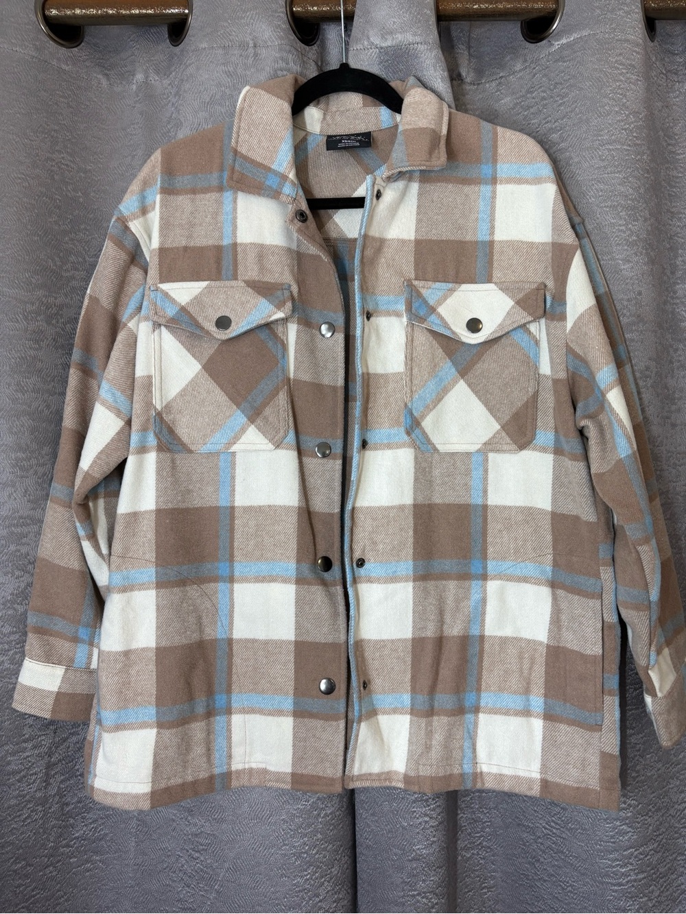 Plaid Snap-Front Shacket in Cream, Tan & Light Blue